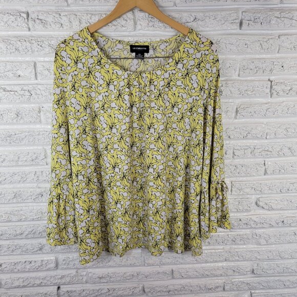 Liz Claiborne Womens Top XXL Plus 3/4 Bell Tied Sleeve Yellow Floral FLO232E - Picture 1 of 9